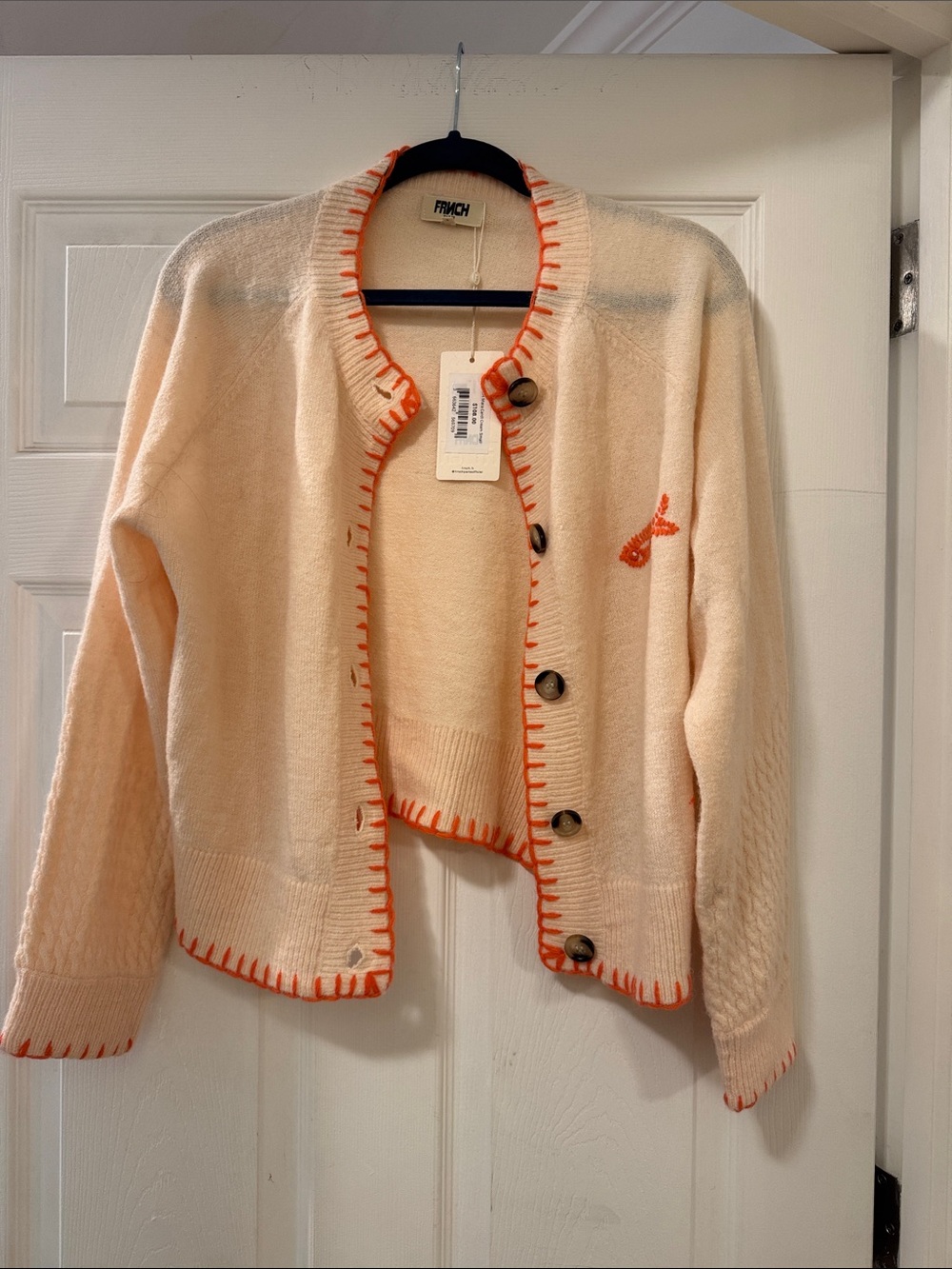 French Connection Cream Cardigan with Orange Trim and Embroidery
